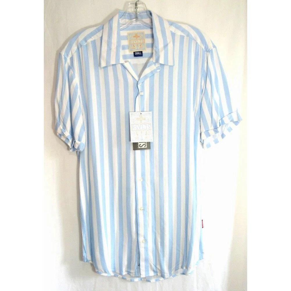 RSVLTS Blue & White Striped Montauk Short Sleeve Button Down Shirt Small NWT